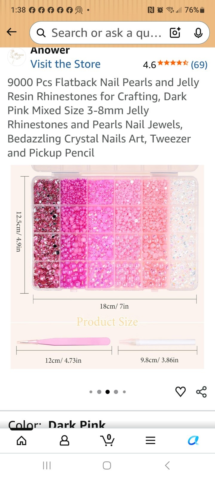 Anower 9000pcs Flatback Resin Pearl Rhinestones, Round Pink/Clear, Nail Art