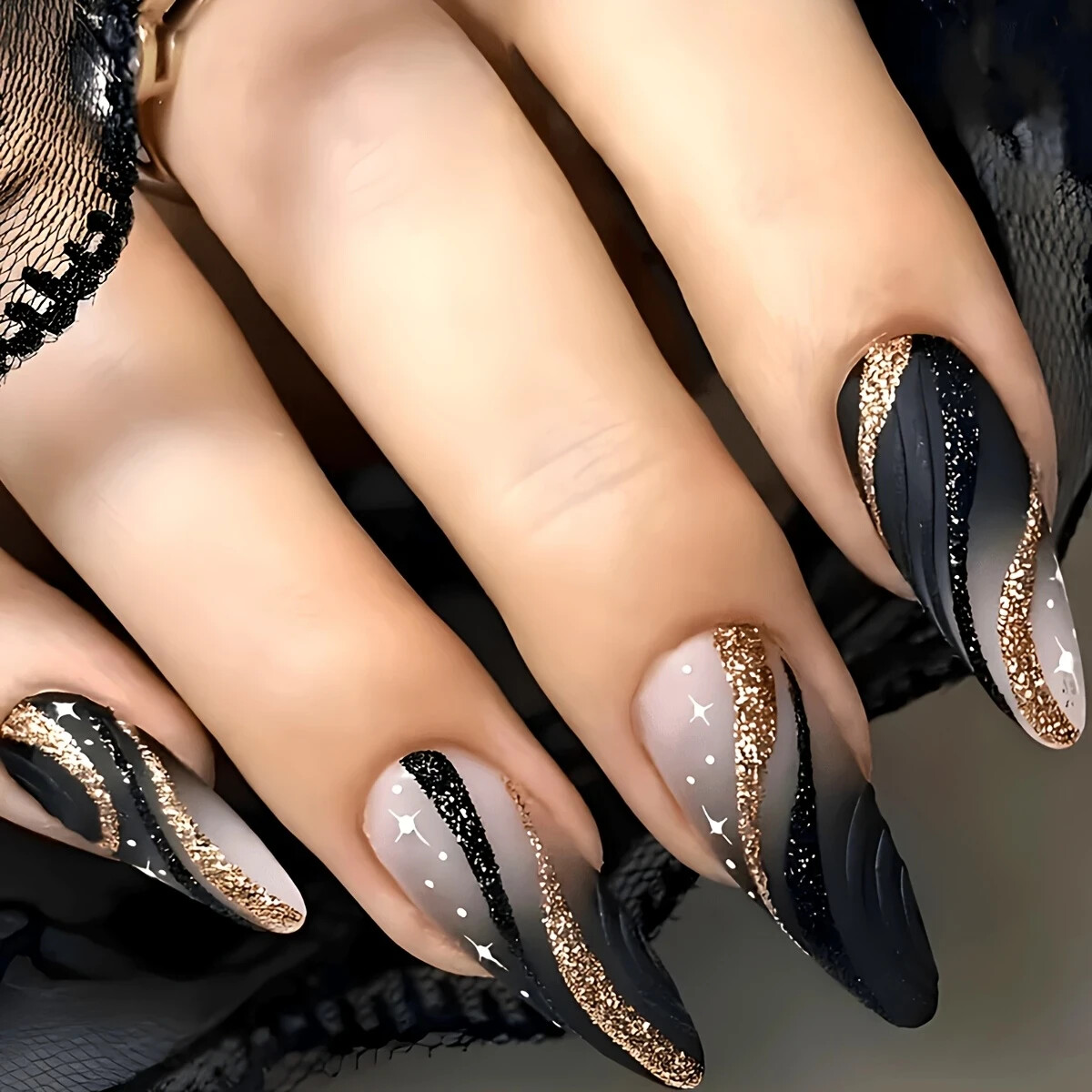 24pcs Medium Almond Shape Nails French Stripes Black Gradient Matte Texture