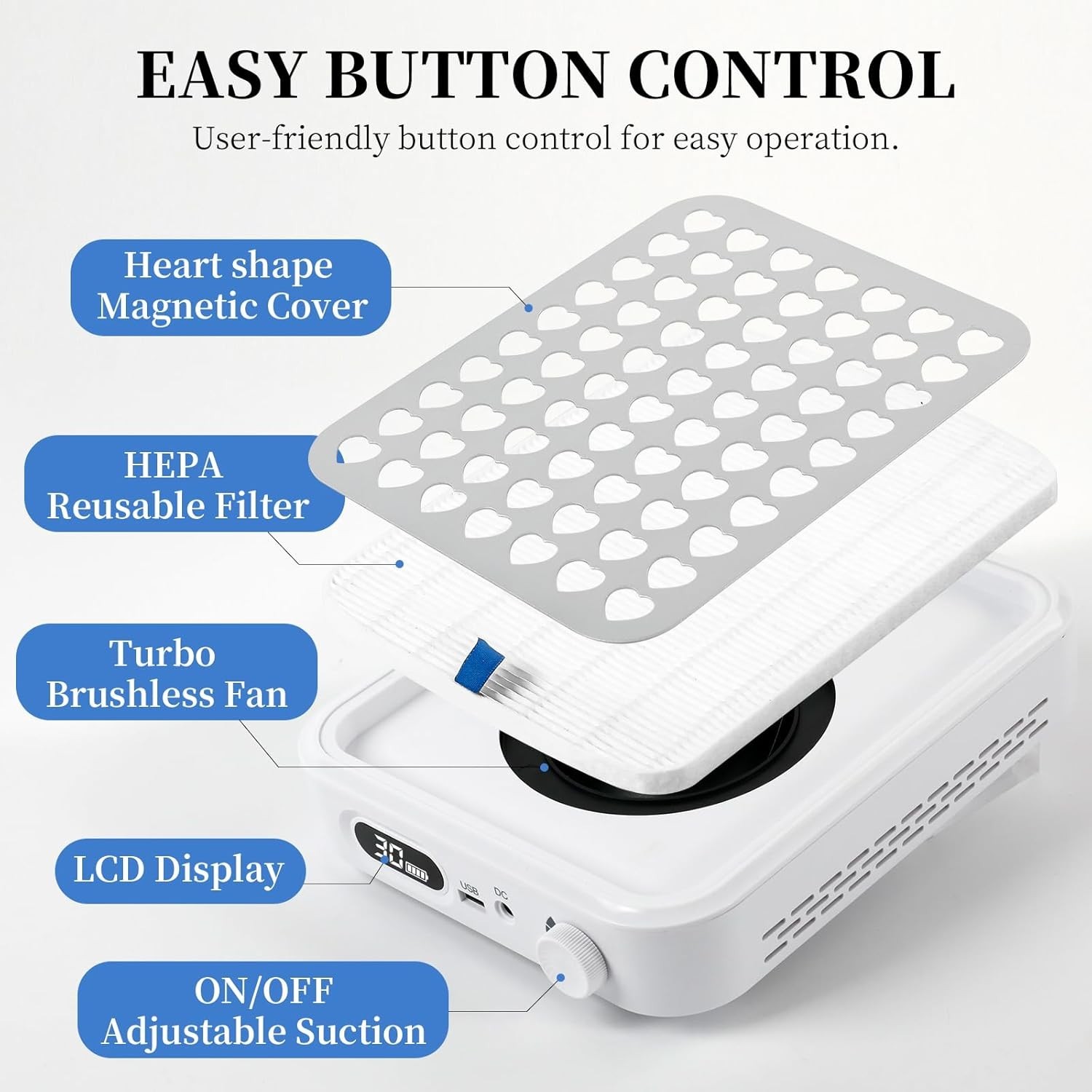 Nail Dust Collector with Lamp,Vacuum Fan Rechargeable Dust Collector with Dust B