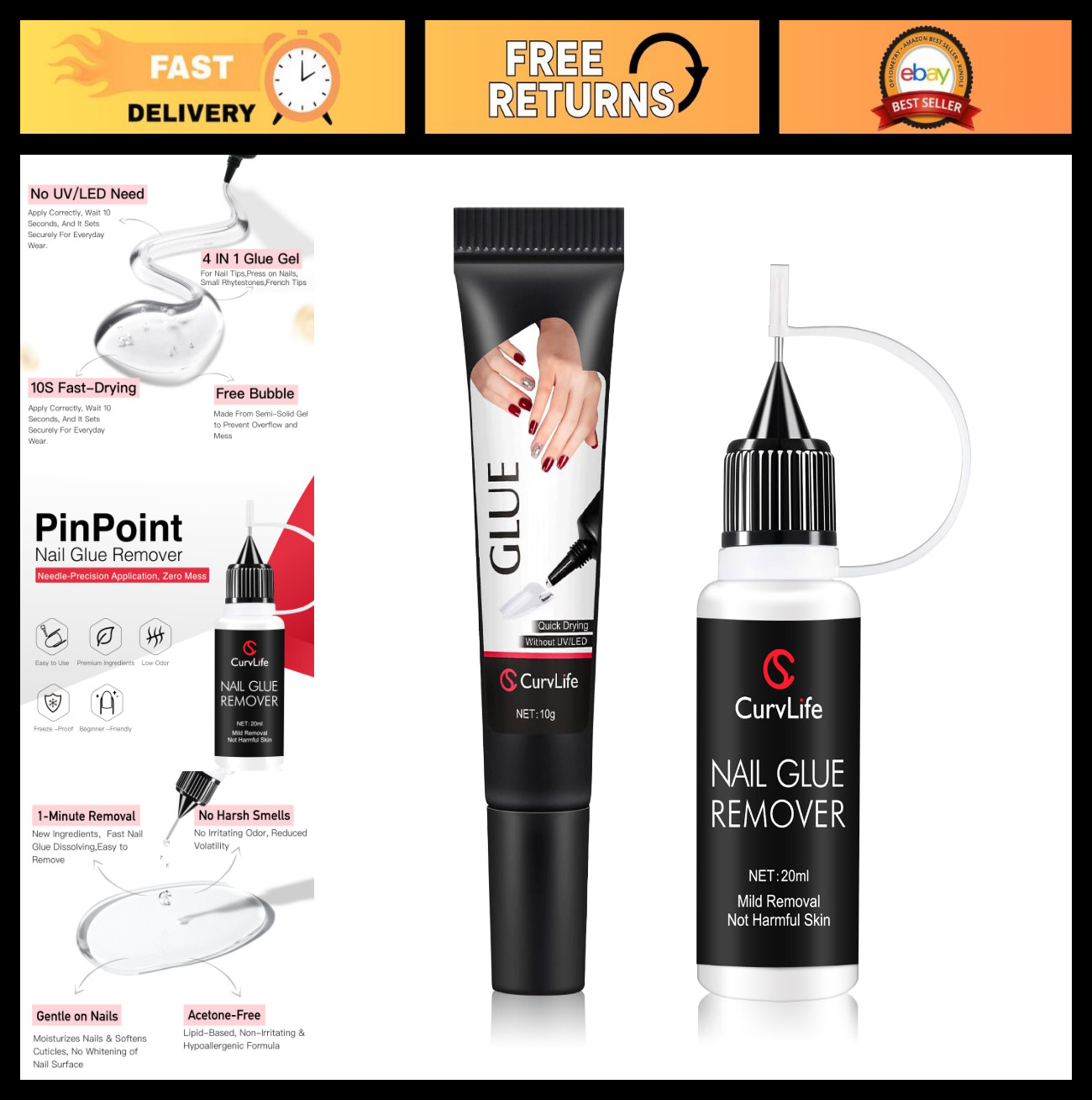 10g Semi-Solid Nail Glue & 20ml Non-Acetone Remover Kit – Quick Dry, No UV Lamp,