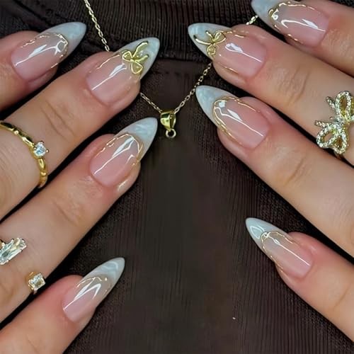 24pcs White French Tip Press On Nails, Almond Fake Nails with 3D Bow, Acrylic