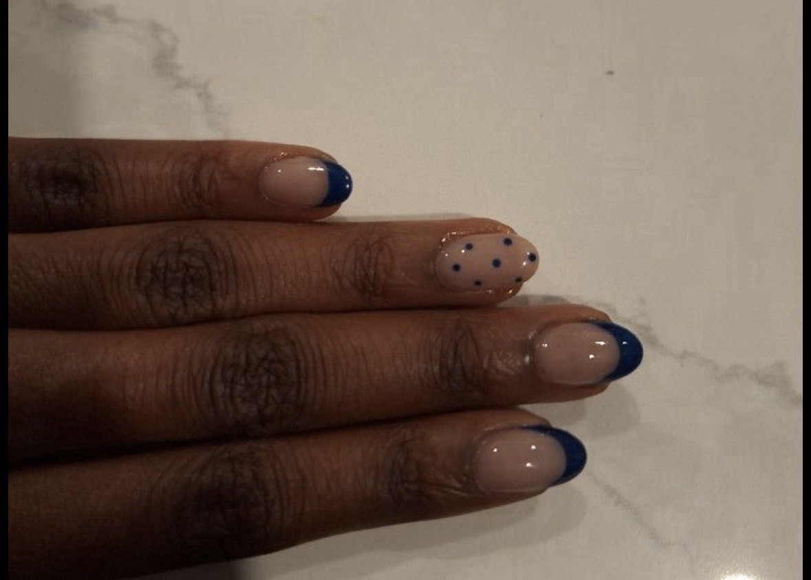Press-On Nails Nude Blue White French Tip Polka Dot Short Oval Pre-Designed