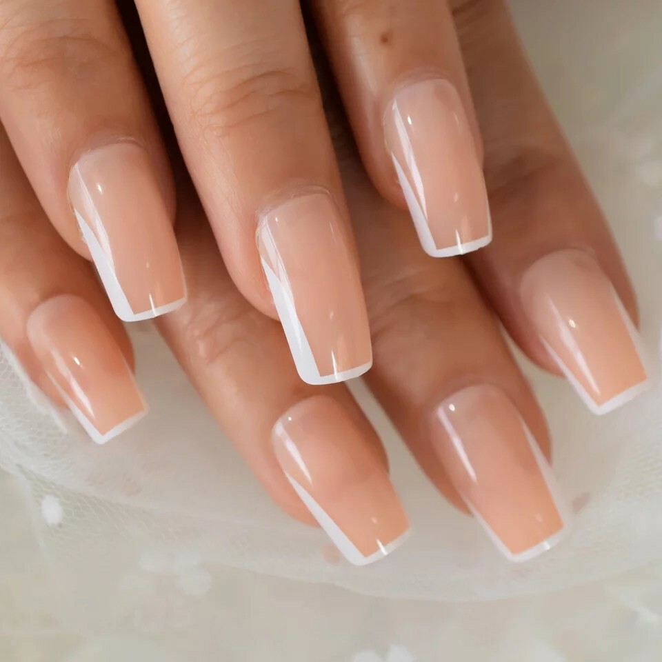 Press On Nails Nude White Rim Square Natural Modern French unique border trendy