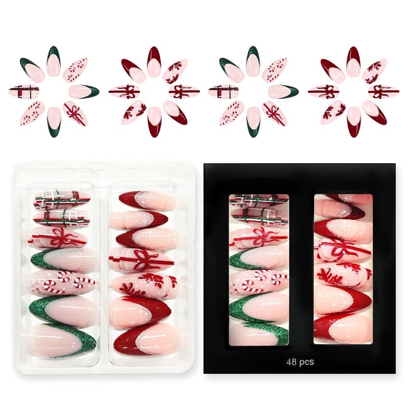 2 Packs 48Pcs Christmas Press on Nails Short Almond Fake Medium, Style 4