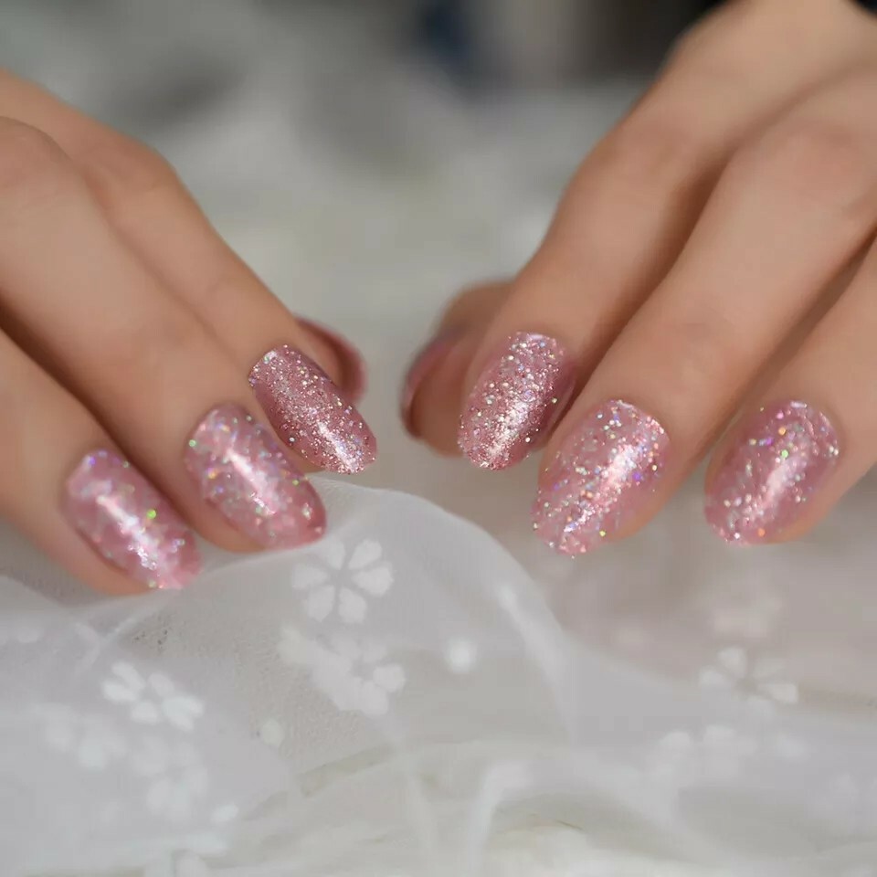 Pink Glitter Press on Nails with glue short rose gold sparkle oval almond