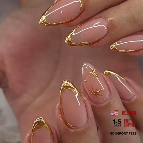 24pcs Gold French Tip Press on Nails – Short Almond Fake Nails – Set of 2