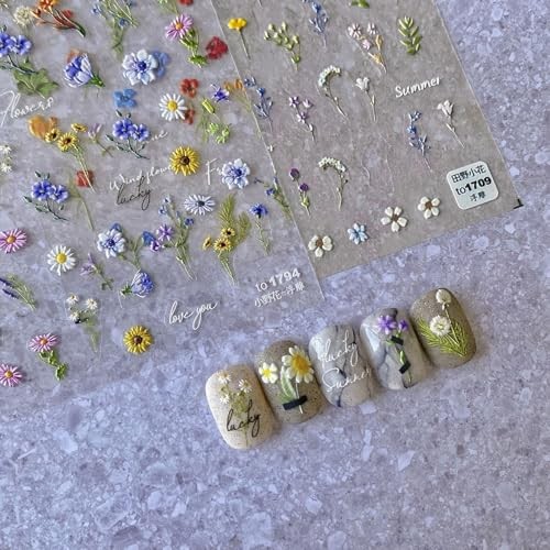 Flower Nail Stickers for Nail Art, 5D Embossed Floral Nail Decals Summer