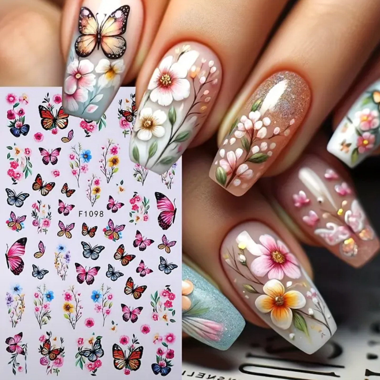 3D Spring & Summer Fresh Colorful Floral Butterfly Nail Art Stickers, Glossy Fin