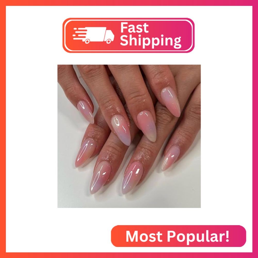 ANDGING Pink Almond Short Press on Nails Ombre pink fake Nails with Glossy Desig
