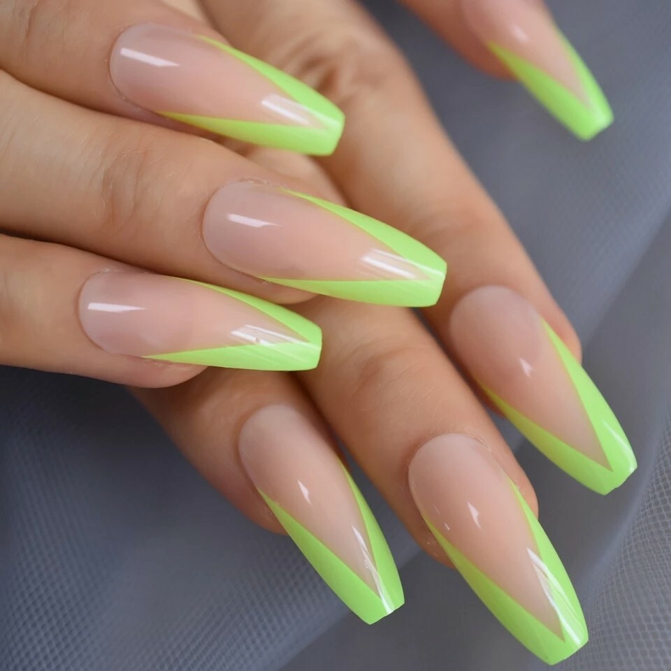 24 Nude Green Rim V Shape Press On Nails w/ Glue Coffin extra long neon