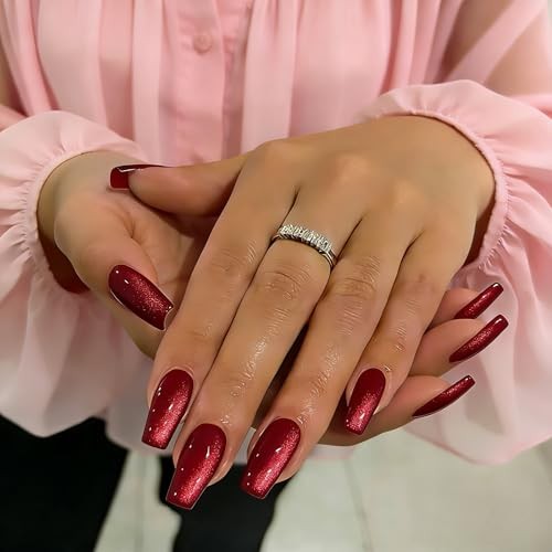 Cat Eye Press On Nails Long Square, Chrome Dark Red Fake Nails burgundy-cateye