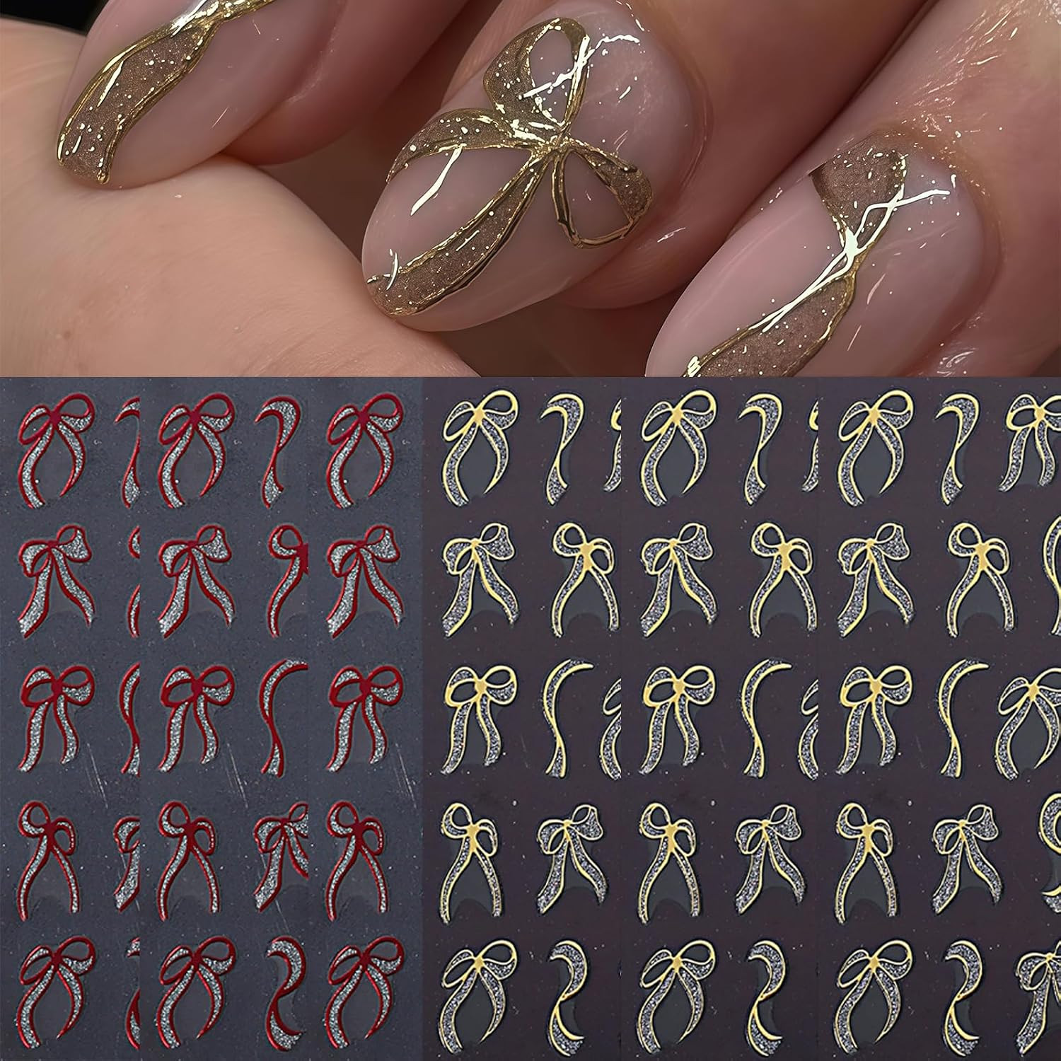 6 Sheets Bow Nail Art Stickers Bows Stickers for Nails 3D Self Adhesive Gold Red