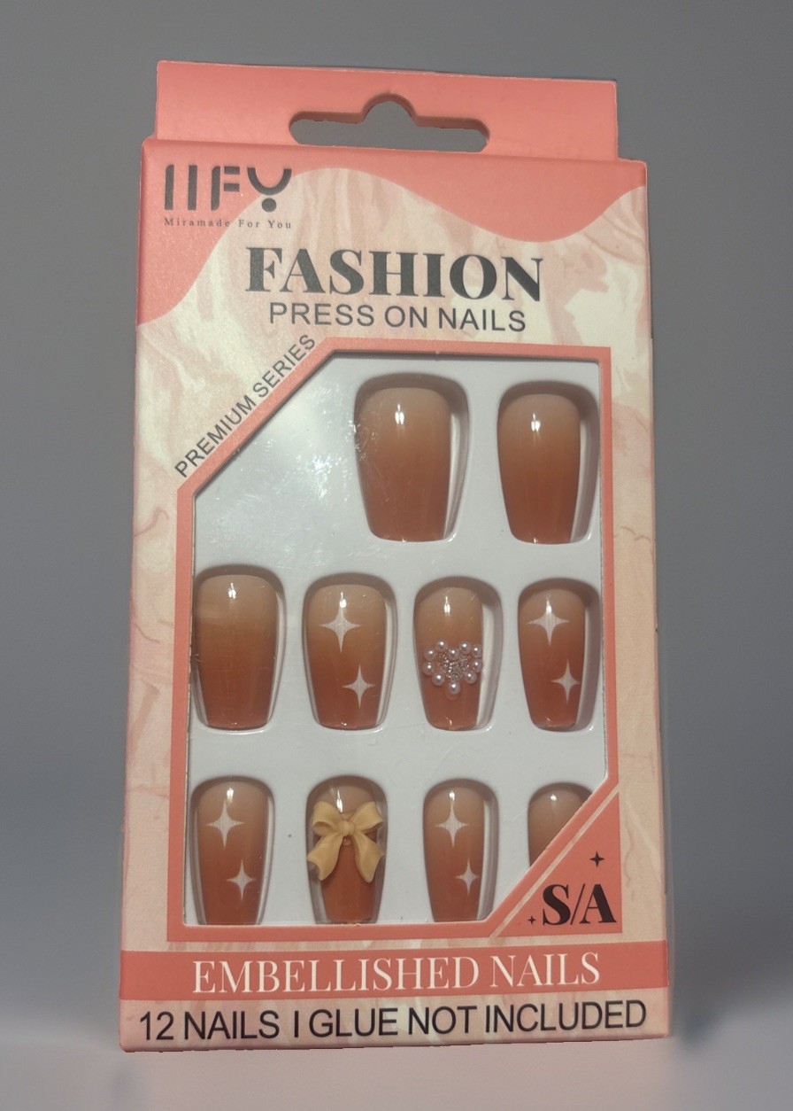 IIFY Press-On Nails Pink Shiny Almond Full Set Heart Bow 12 Pcs No Glue NEW
