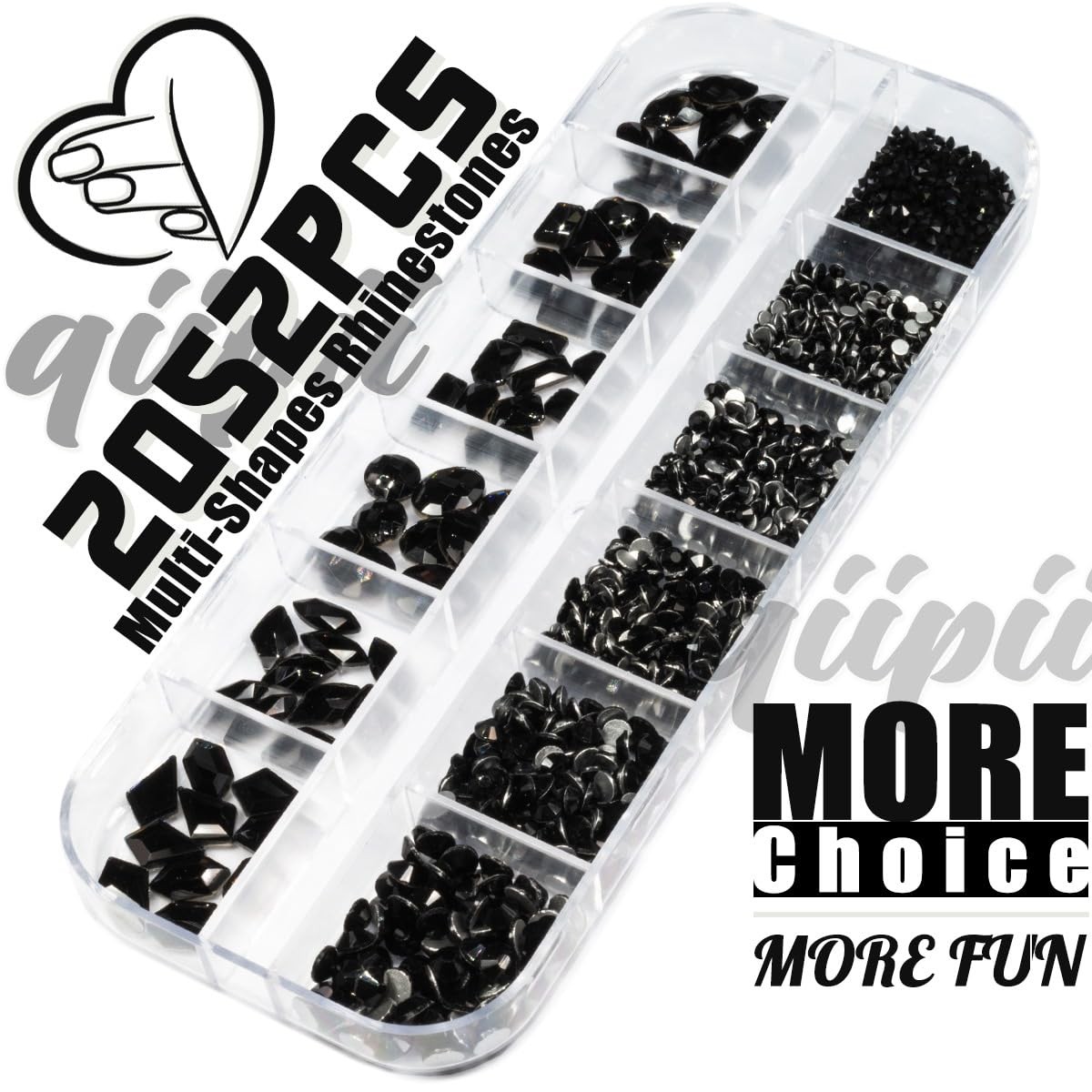 Black Nail Rhinestones Kit 3D Crystal Gems with Tweezer & Pen 2052pcs DIY Art