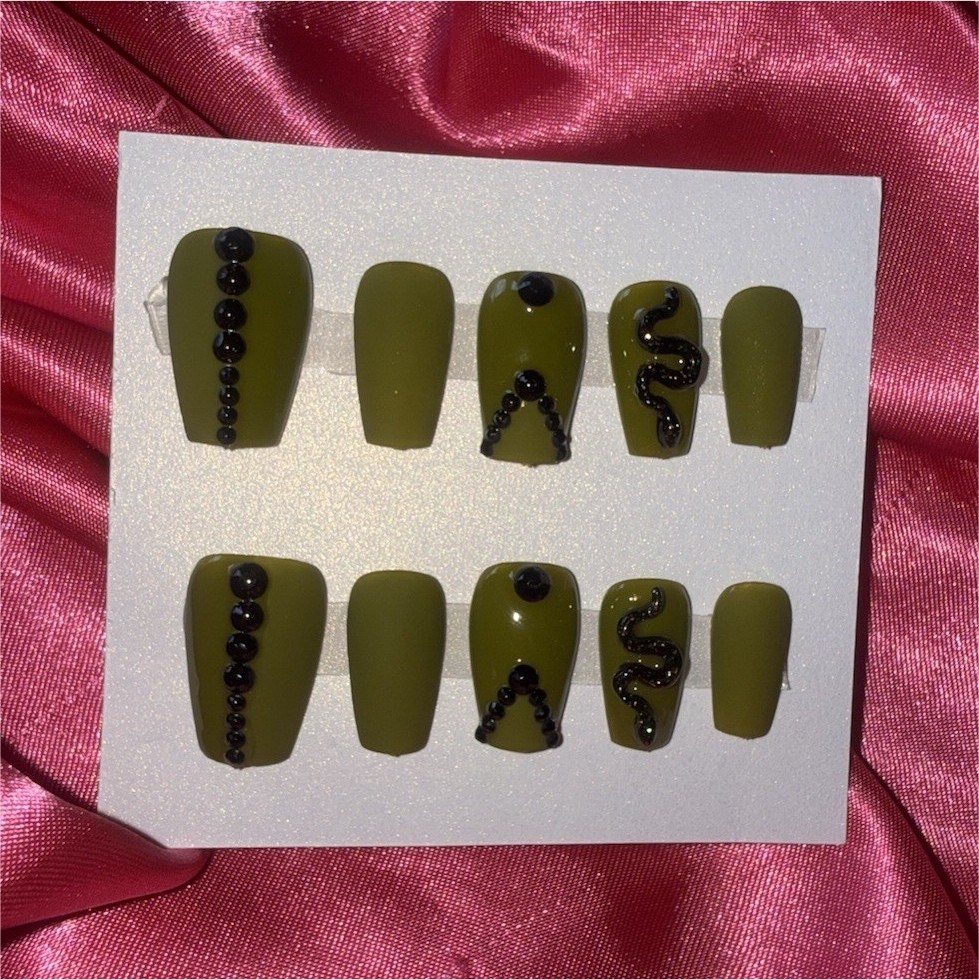 Green & Black Snake 3D Coffin Long Full Cover Pre-Designed Press-On Nails