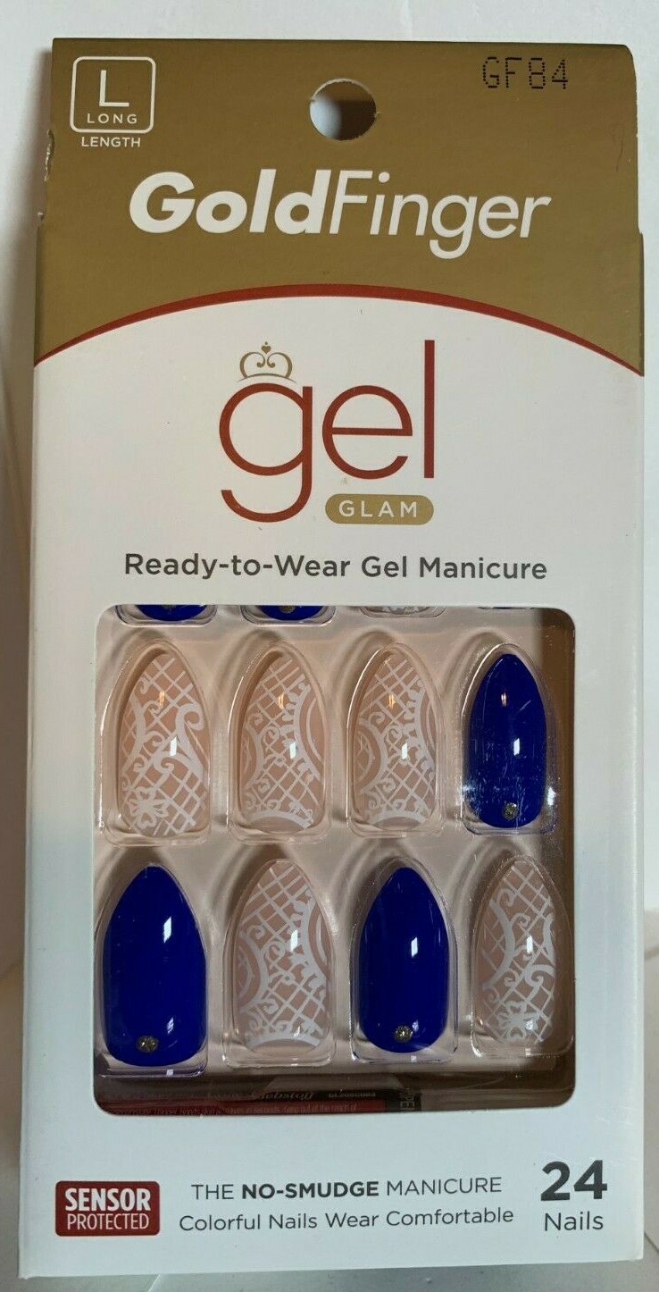 Gold Finger Nails Manicure Long Blue almond lace jewel details glam
