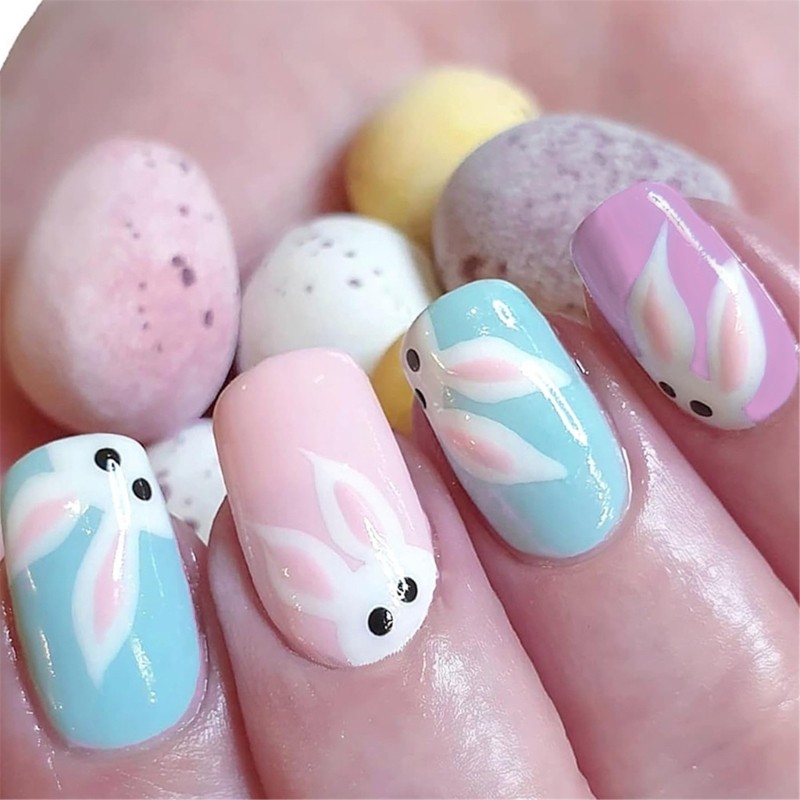 24 Pieces Short Square Press On Nail with Rabbit Designs Acrylic on Nail