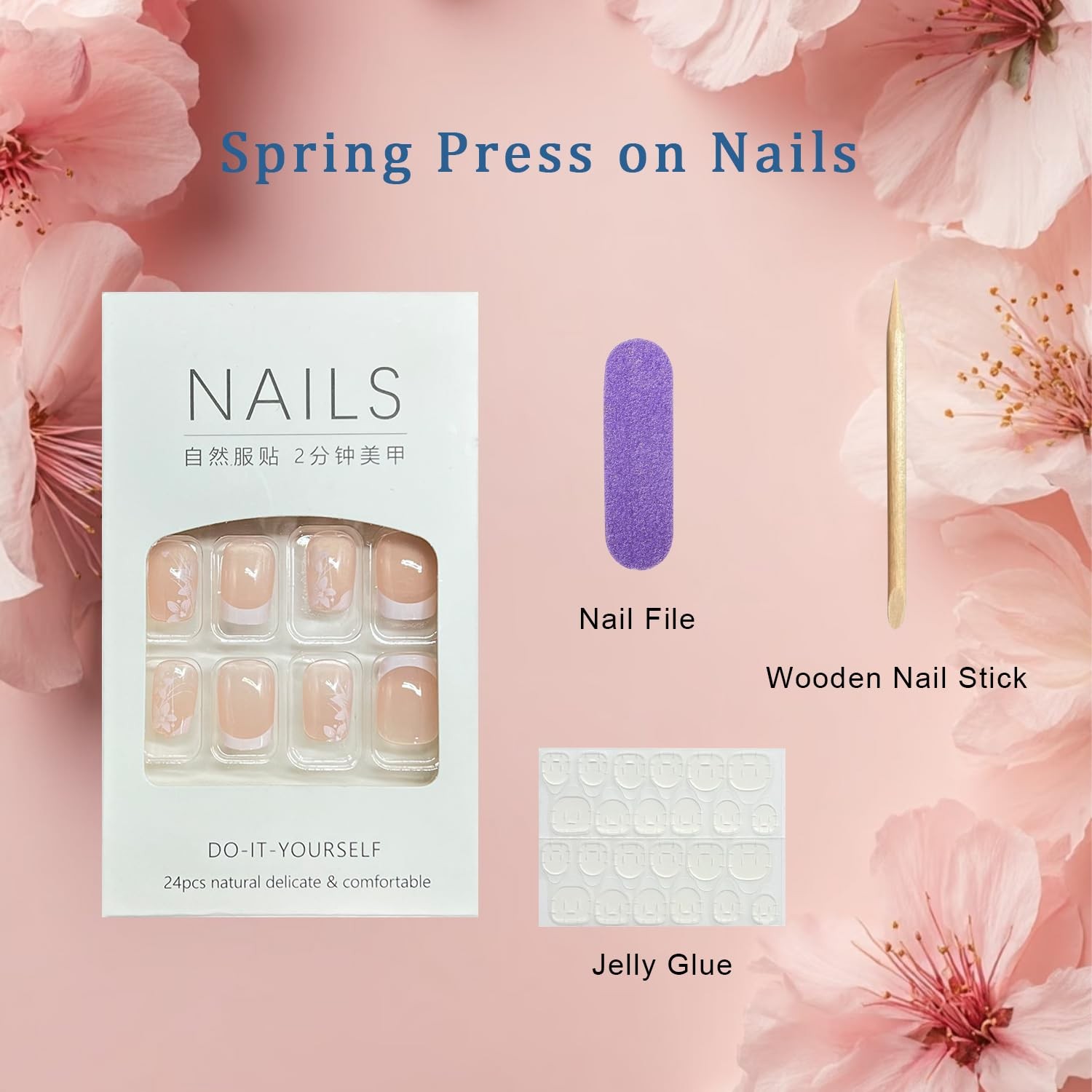 White Flower Press on Nails Short Square False Nails with Line Design White F…