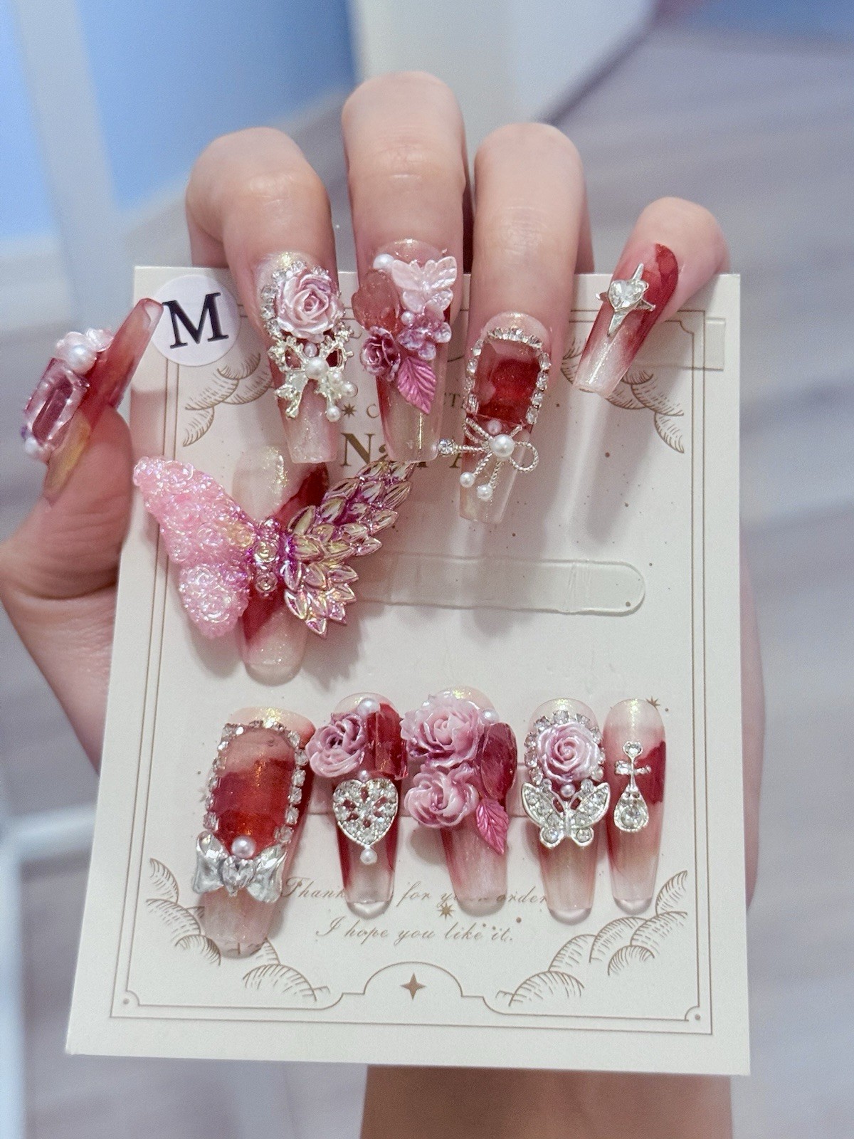 11pcs Butterfly N Rose Fake Nail Press On/Glue On Nails Size M(Read Description)