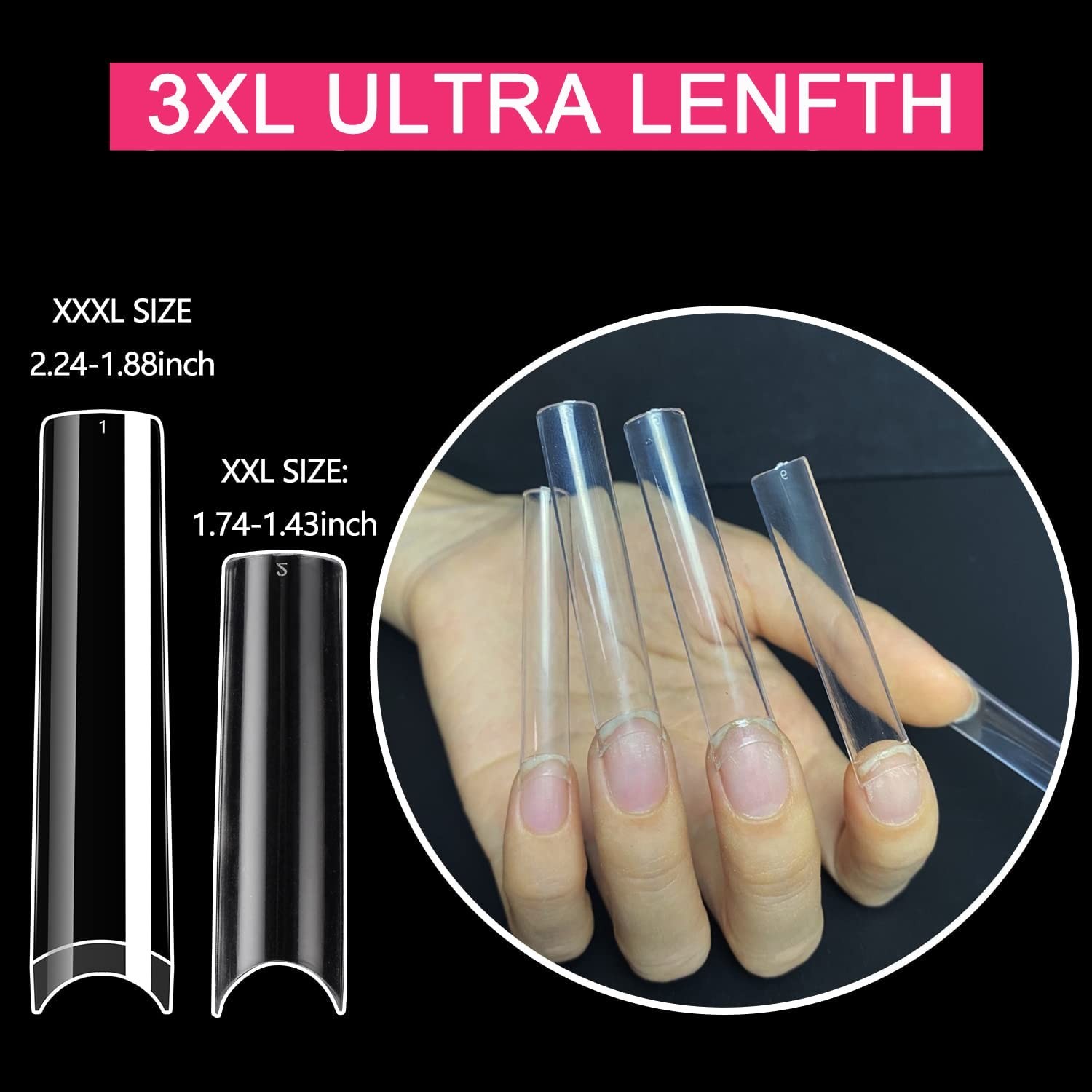 3XL Long Square Nail Tips – 360PCS Clear Acrylic Half Cover False Nails, 12 Size