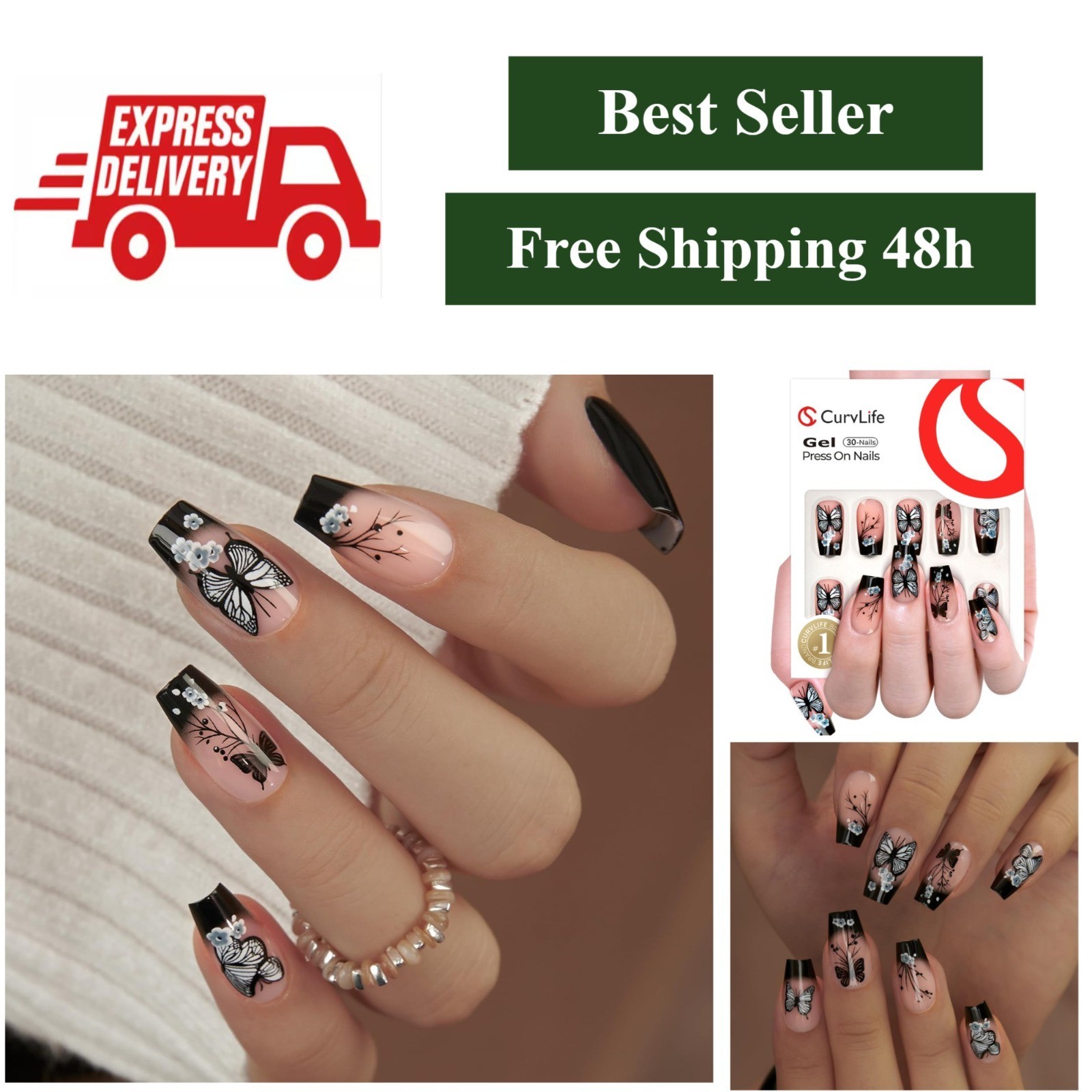 30pcs Press On Nails, Acrylic Black Butterfly Design, Full Cover