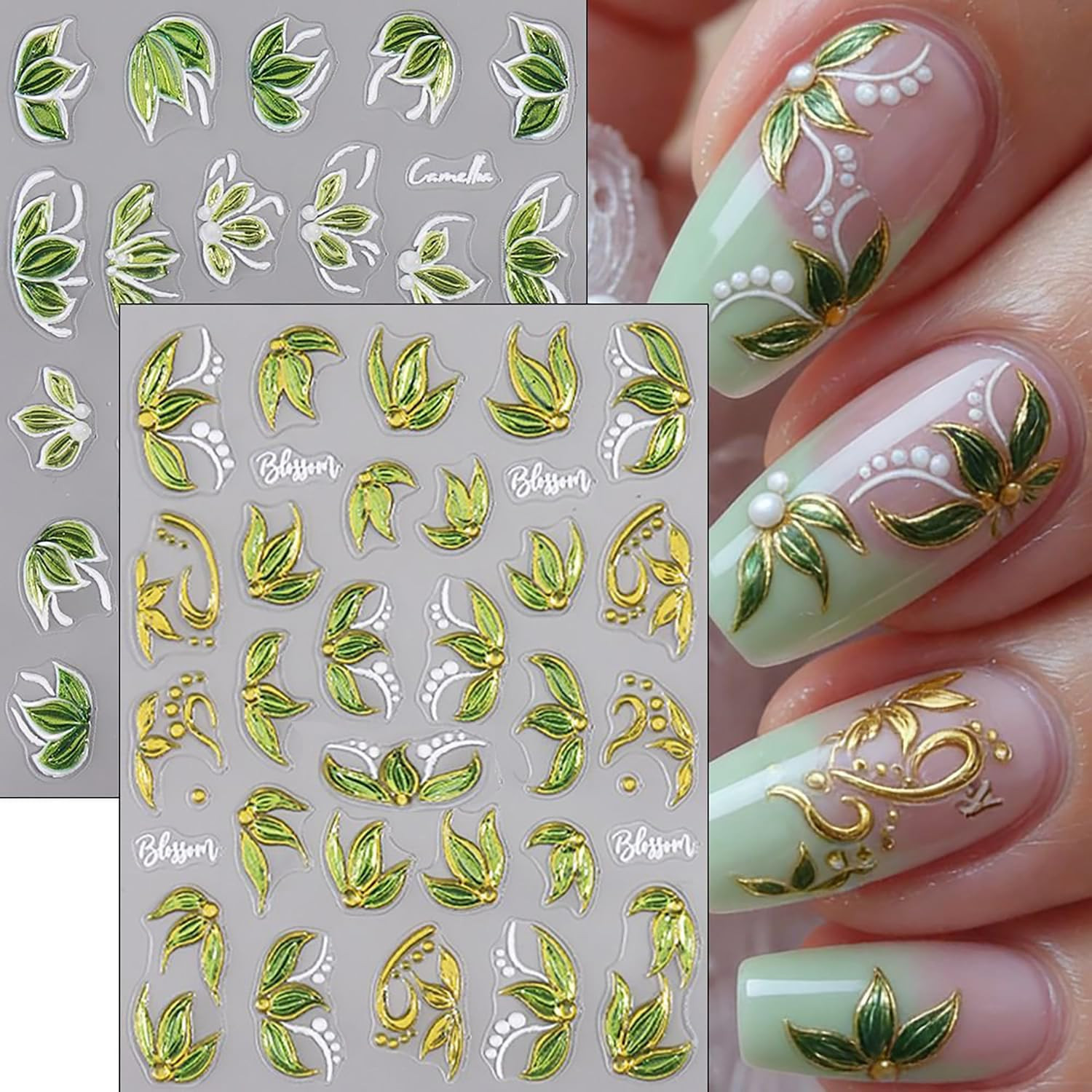 6 Sheets Flower Nail Art Stickers 3D Self -Adhesive Hibiscus Nail Decals Hologra