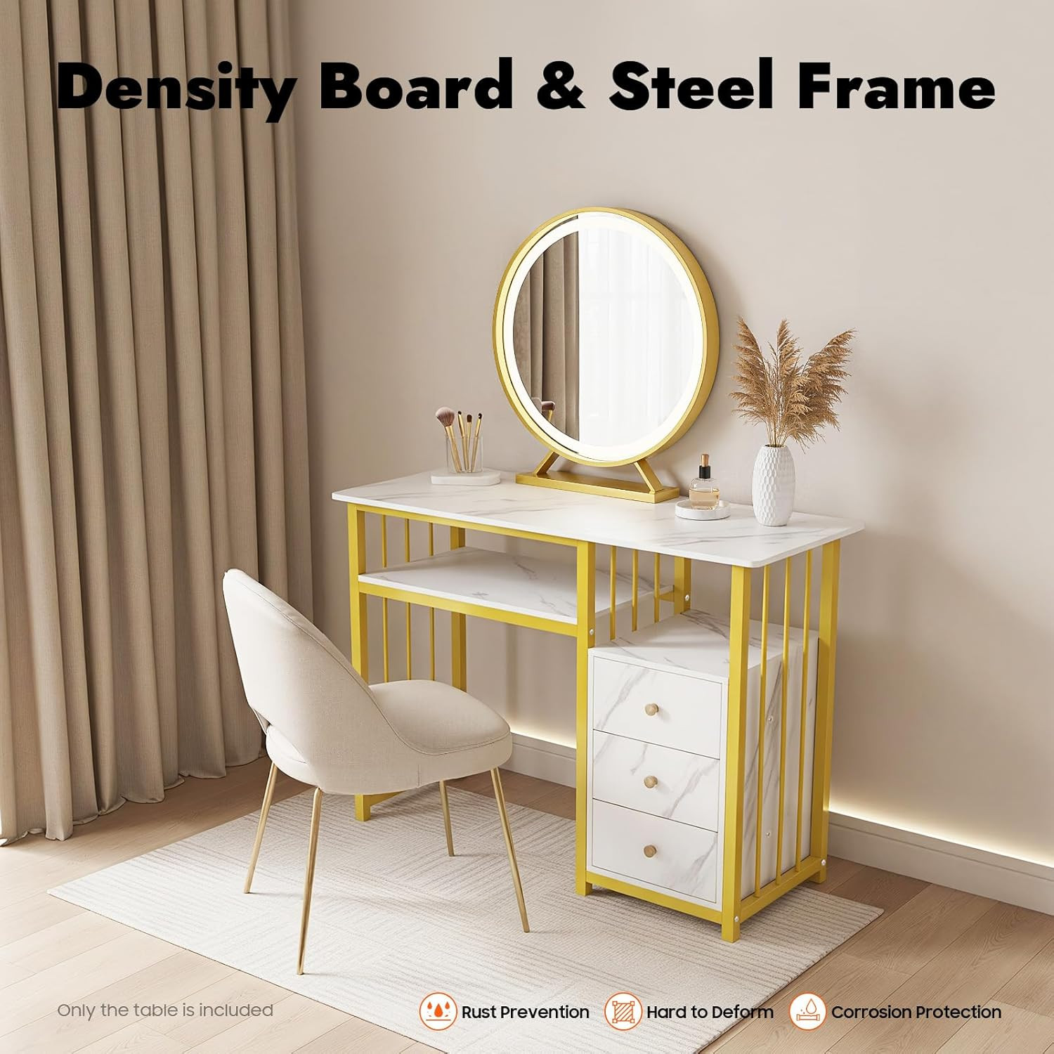 Marbling Texture Manicure Desk with 3 Drawers, Gold and White Nail Desk for Nail