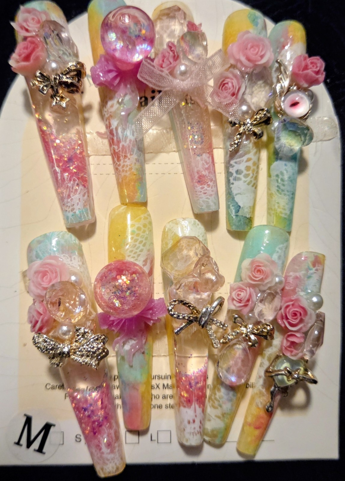 Handmade Long water Aquarium Press-On Nails Multicolor Glitter Floral 3D-M
