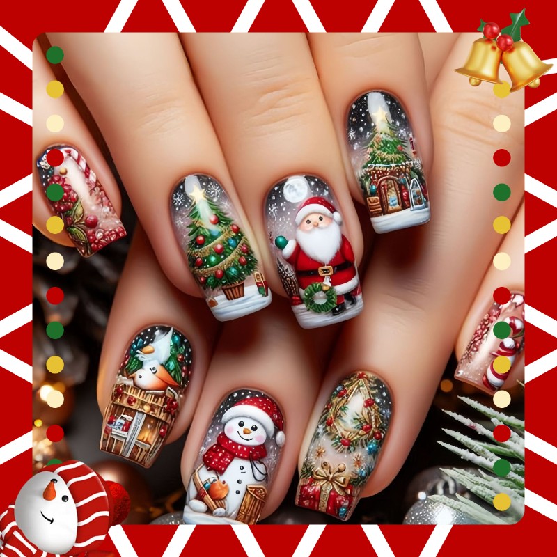 48P Long Coffin Press on Nails, Santa Snowman Tree Painted Holiday Fake Nails
