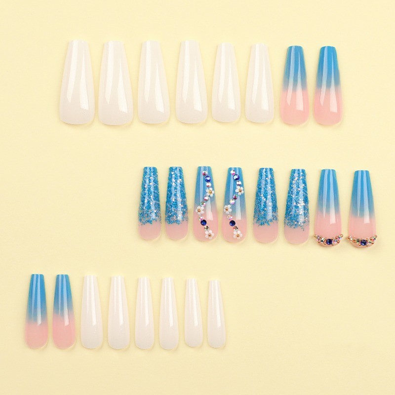 48P-Blue Pink Ombre 3D Flower Stiletto Press on Nails Color Rhinestone Fake Tips