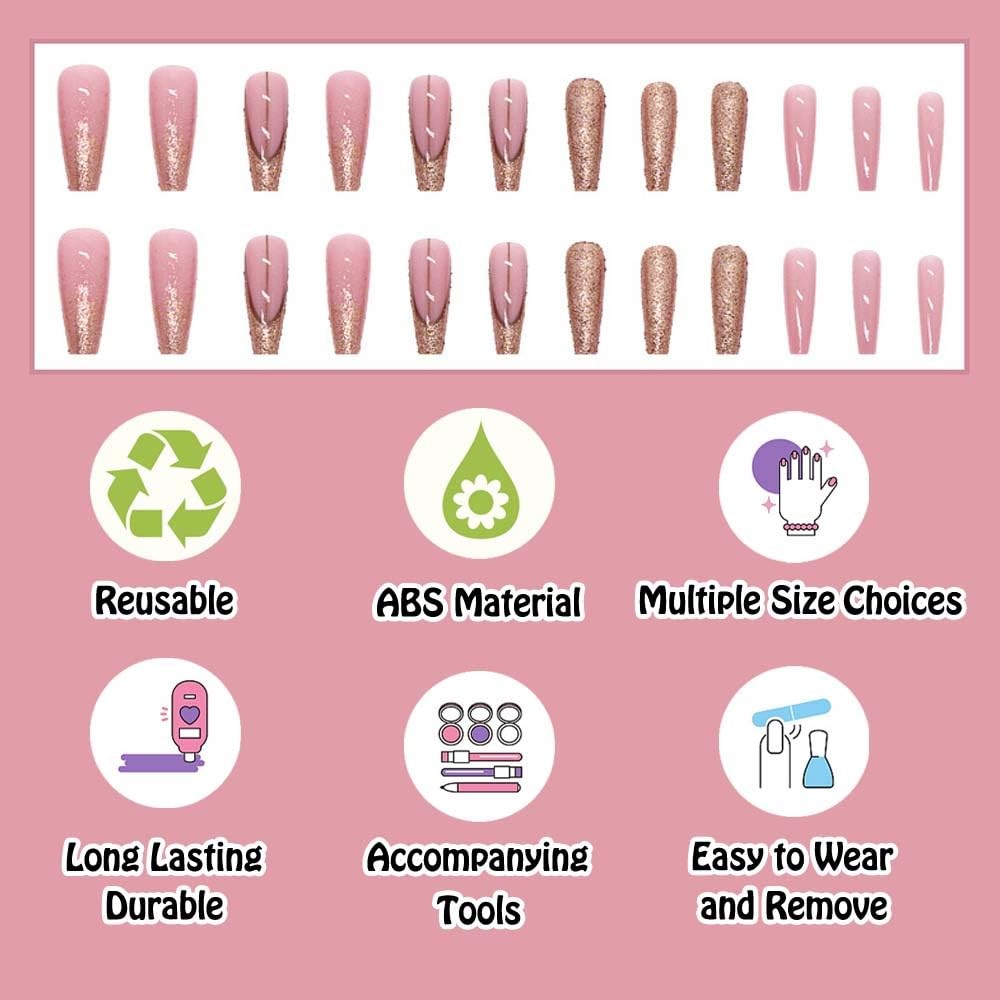 Gold Pink Press on Nails Long Coffin Fake on Nail for Women with Glitter Desi…