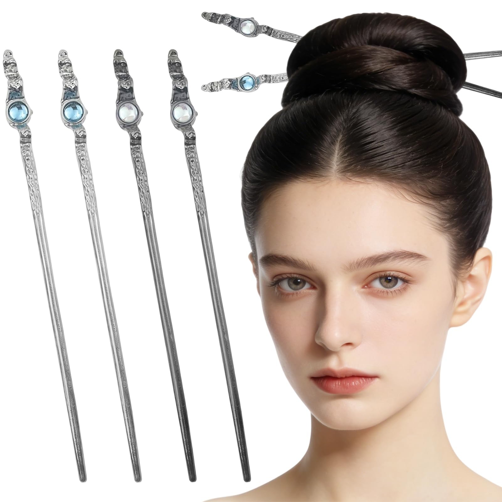 4 Pack Moonstone Hair Sticks for Bun Metal 1 Count (Pack of 4), Multicolor