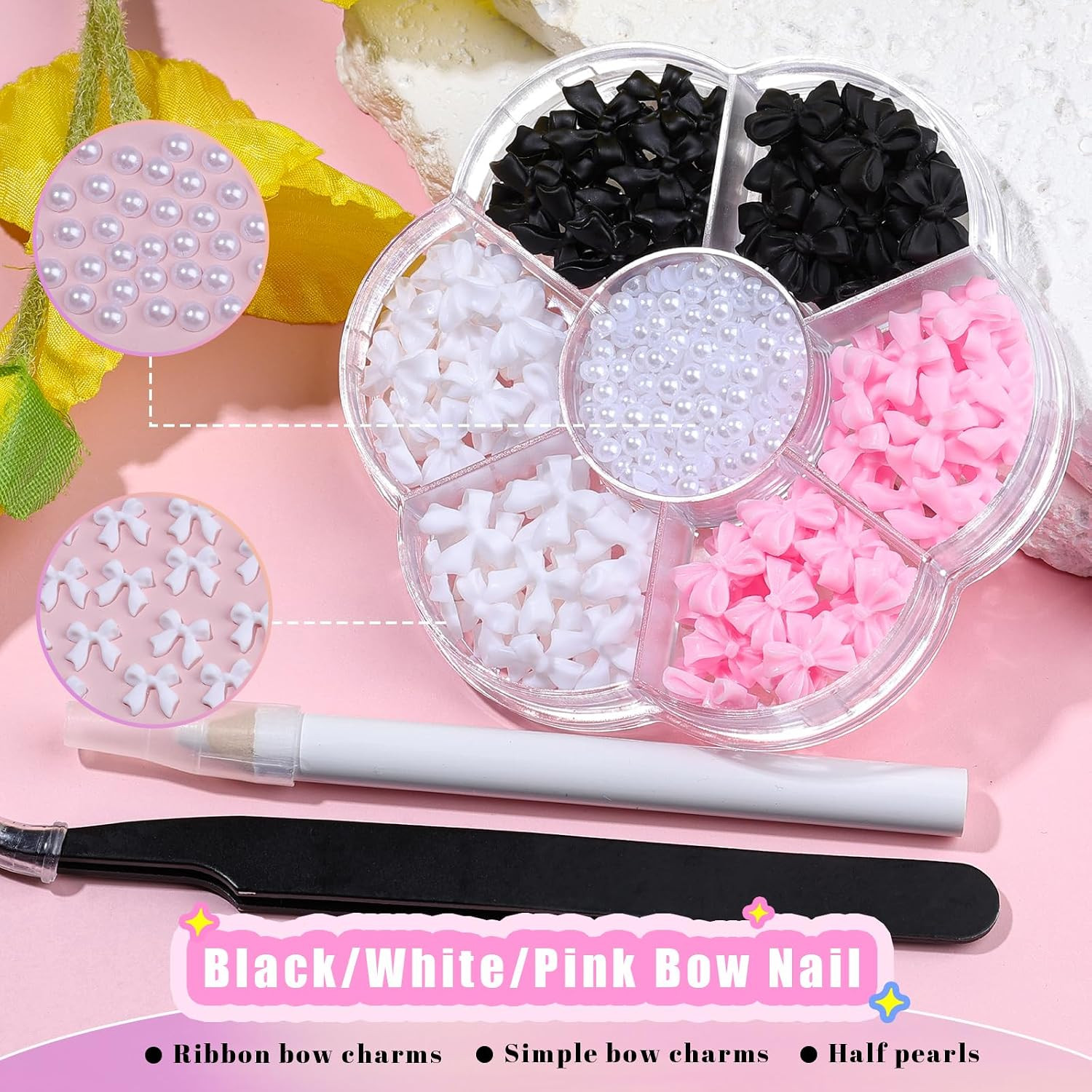 Charms Kit for Nails, 400Pcs Bow and Flatback Pearls Set, 3D Acrylic Rhinestones
