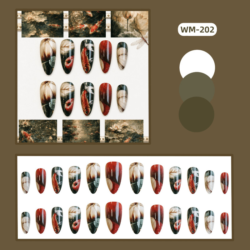 48 Pcs Koi Lotus Ink Print Press on Nails, Medium Almond Vintage Fake Nails