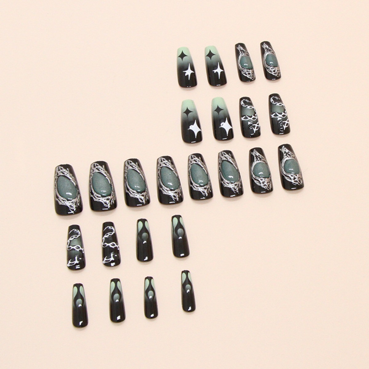 48p Long Taper Press on Nails, Black Green Gradient Silver Line Rhinestone Nails