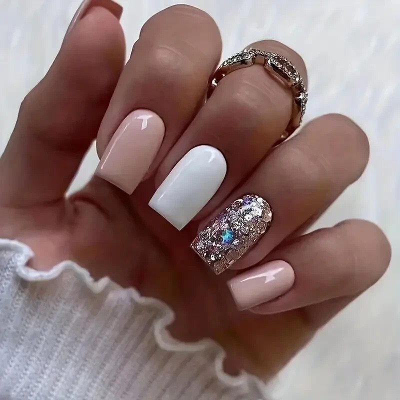 24pcs Glossy Medium Square Fake Nails White And Pink False Nails Glitter