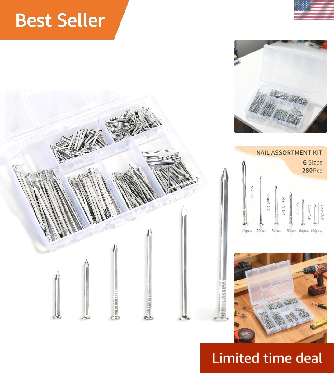 Versatile 280-Pcs Nail Assortment with Storage Box – 6 Sizes for Easy Access