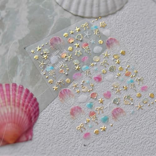 1 Sheets Summer Nail Decals for Nail Art 5D Gold Seashell Ocean Stickers-2