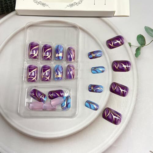 Blue Press on Nails Short Square Fake Nails Ombre False Nails Purple Gradient
