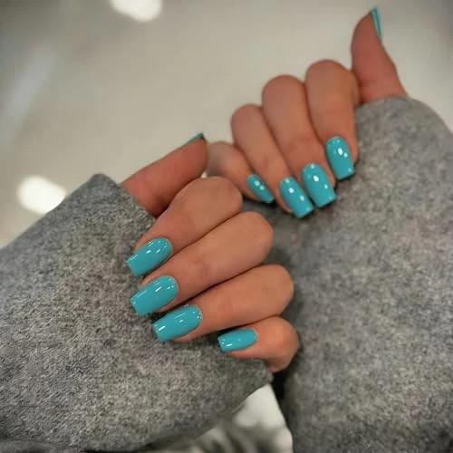 Teal Blue Press on Nails Medium Square, Soft Gel Fake Nails Short teal blue