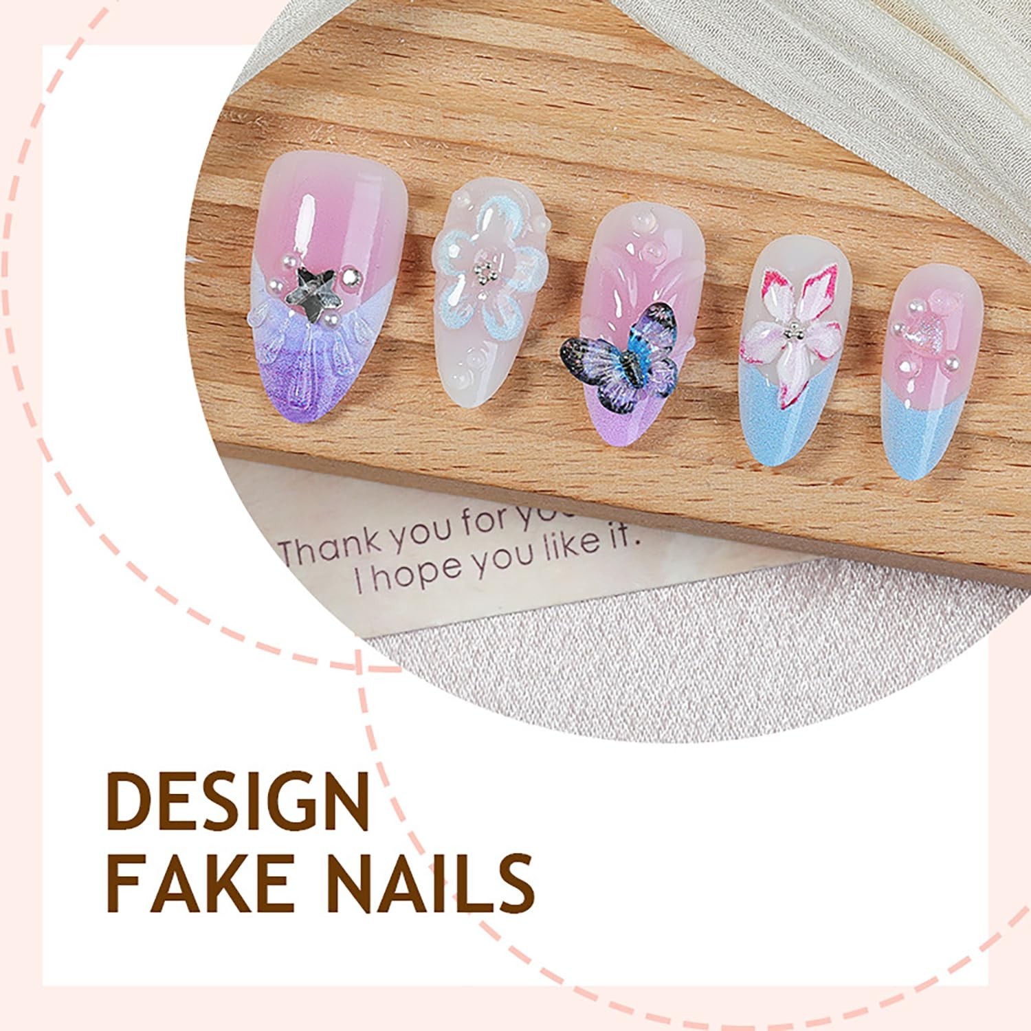 30Pcs Spring Butterfly Press on Nails Medium Almond Purple French Tip Fake Na…