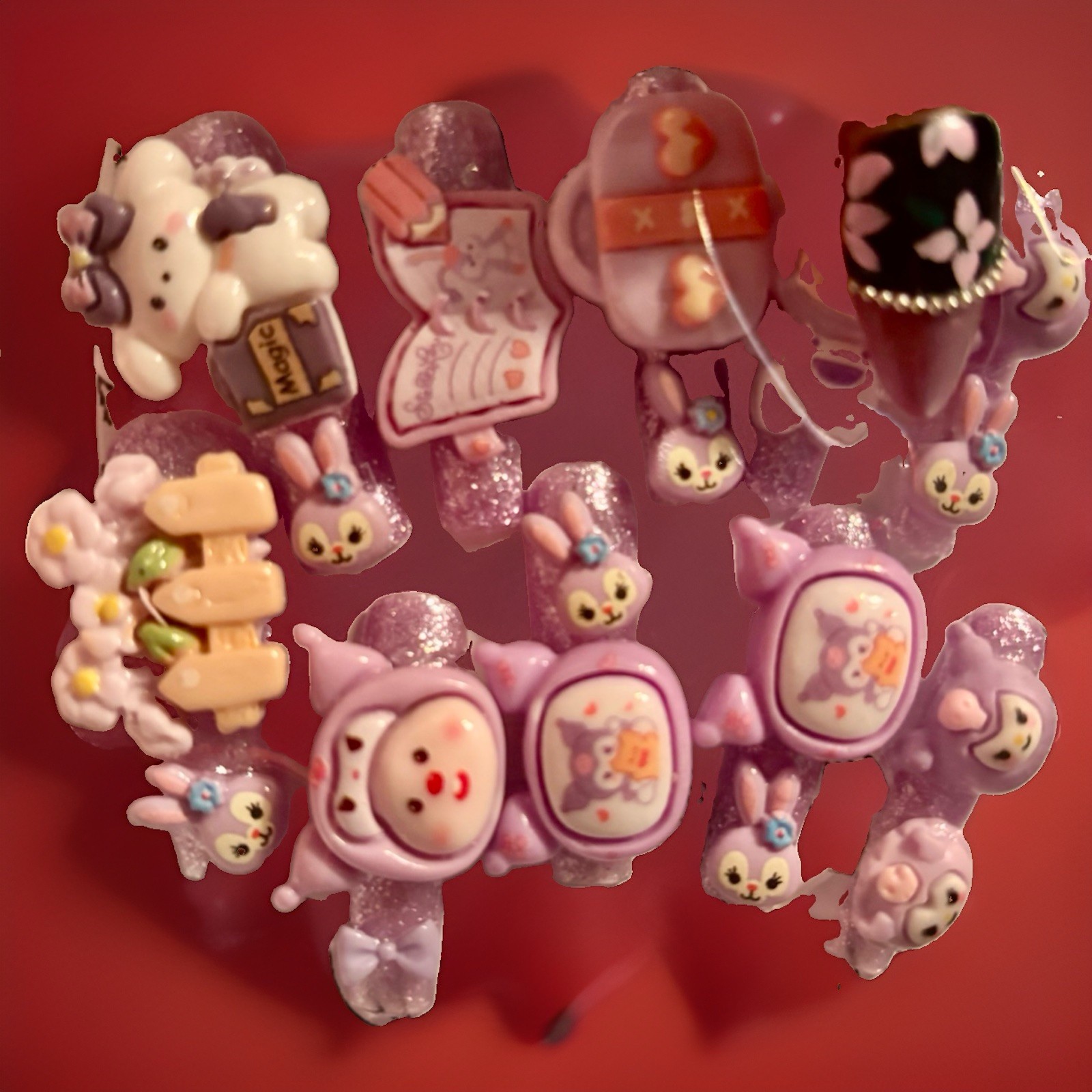 4 pks /Pink/Yellow 3D Cartoon inspired Press-On Nails Short Square (medium)