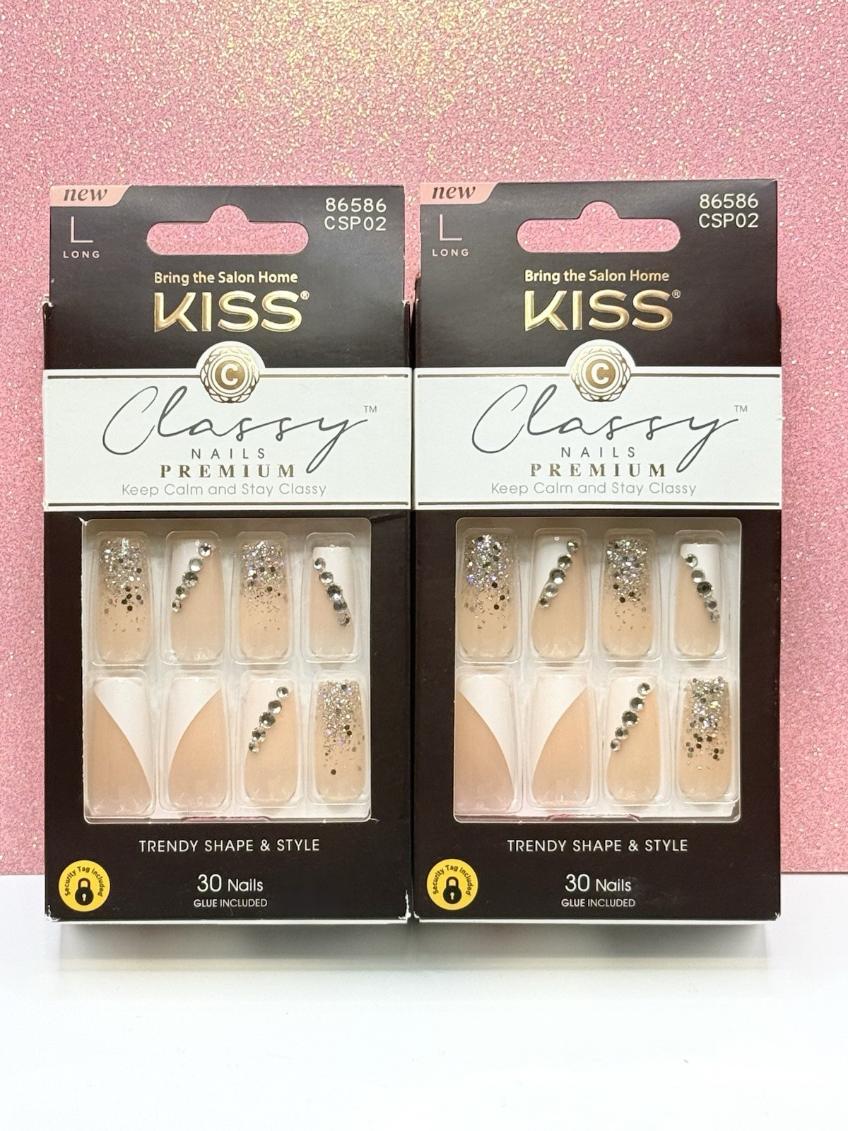 Kiss Classy Premium Press-On Nails Manicure Long French Glitter Bling Lot Of 2