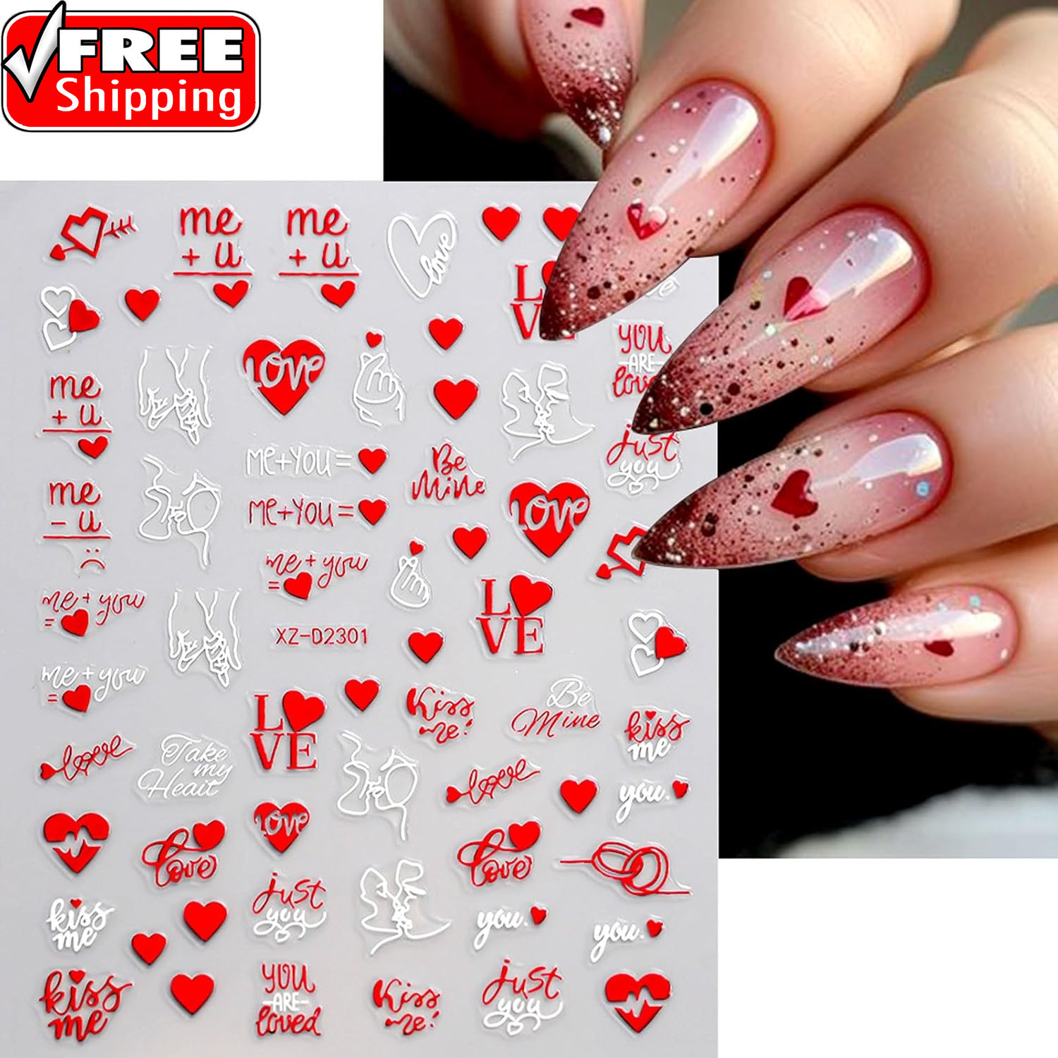 6 Sheets Valentine’S Day Nail Stickers, 3D Red & White Heart Nail Art Decals, Gl