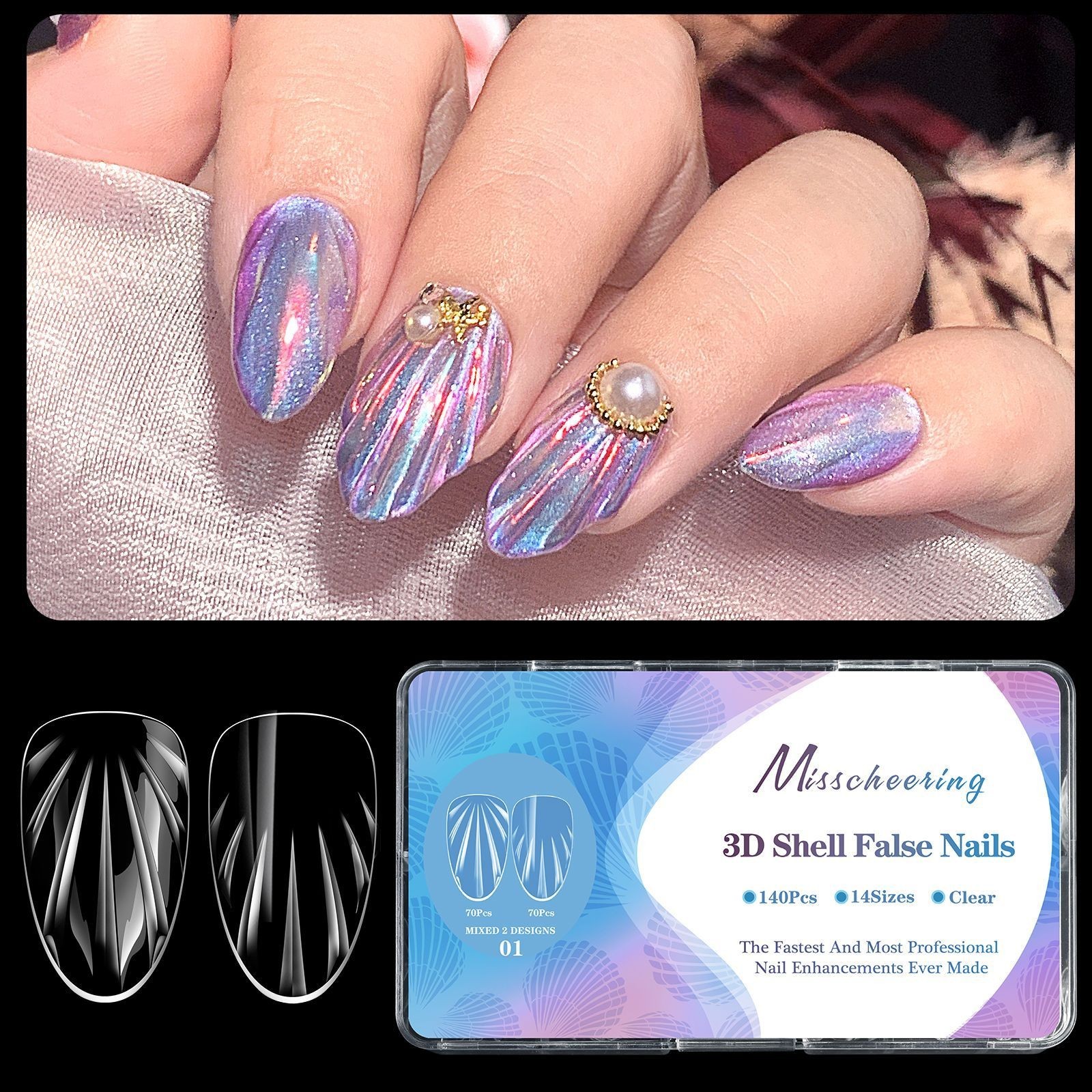 Clear 3D Shell Almond Shape False Nail Tips Small/Medium/Long Sizes Full Cover