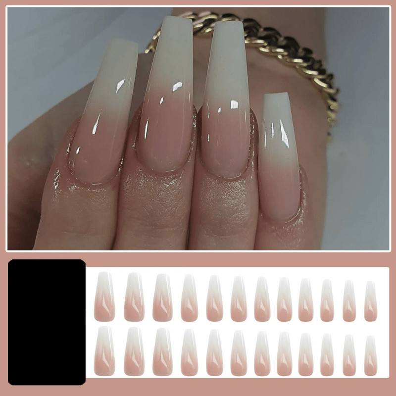 48Pcs-Milky White Nude Gradient Glossy Extra Long Coffin Daily Press on Nails