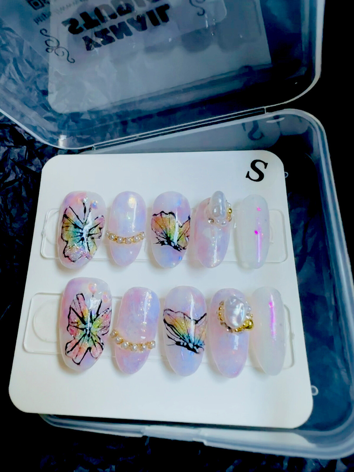 CUSTOM Handmade Gel Long nails Press On| Pink Butterfly Size:S 15 11 12 11 9