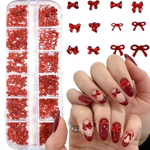 12Grid Bow Nail Charms 3D Red Bowknot Nail Art Rhinestone Design Rhinestone 02
