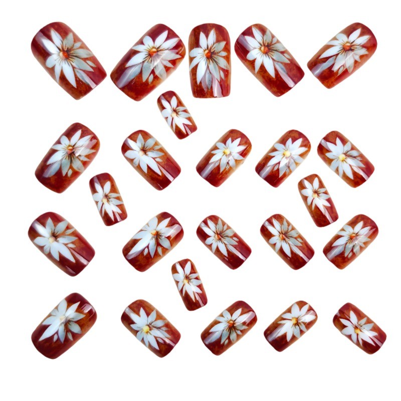 48 Pcs of Brown Flower Medium Long European Square Nail Patch,suitable for Women