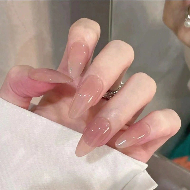24Pcs Short Almond Nude Press On Nails Glossy Full Cover Fake Nails Reusable